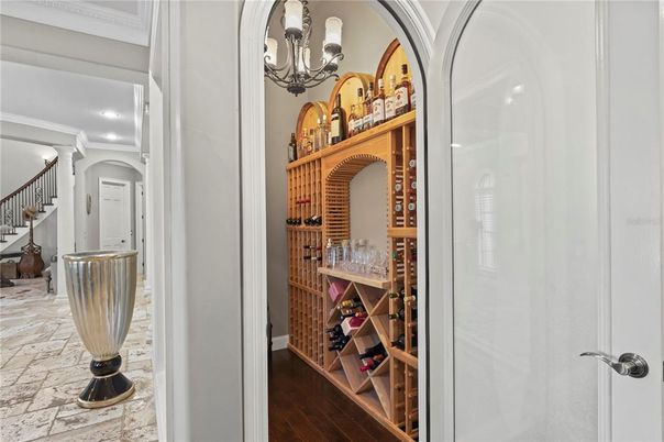 Chandelier, Interior, Recessed Lighting, Wine Storage, Wood Texture Flooring