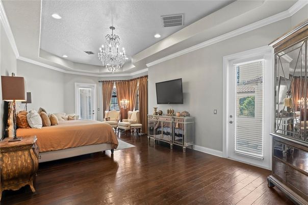 Bedroom, Chandelier, Interior, Recessed Lighting, Wood Texture Flooring