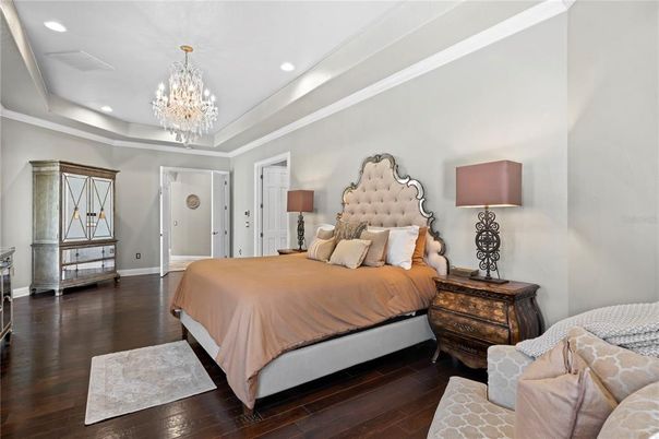 Bedroom, Chandelier, Interior, Recessed Lighting, Wood Texture Flooring