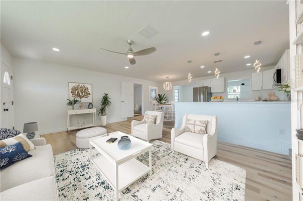 Interior, Kitchen, Living room, Pendant Lights, Recessed Lighting, Stainless Steel Appliances, Wood Texture Flooring