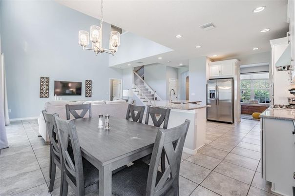 Chandelier, Dining room, Interior, Kitchen, Living room, Pendant Lights, Recessed Lighting, Stainless Steel Appliances