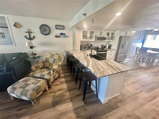 Dining room, Interior, Kitchen, Living room, Recessed Lighting, Wood Texture Flooring