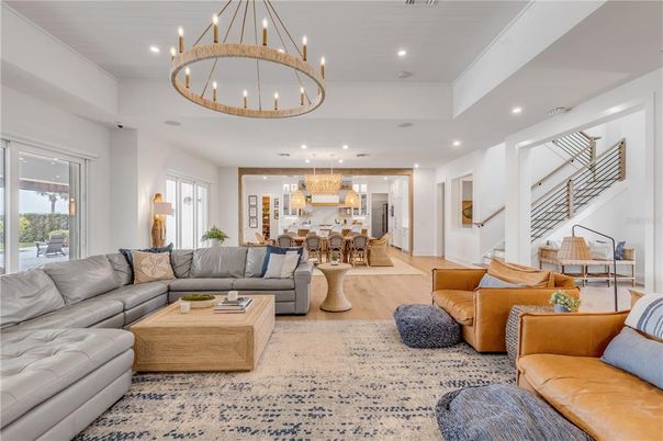 Chandelier, Dining room, Interior, Kitchen, Living room, Pendant Lights, Recessed Lighting, Wood Texture Flooring