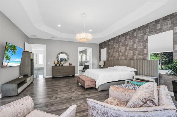 Bedroom, Interior, Pendant Lights, Recessed Lighting, Wood Texture Flooring