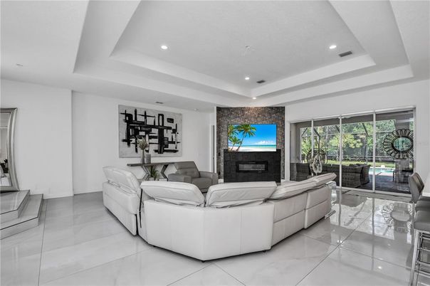 Fireplace, Interior, Living room, Marble, Recessed Lighting