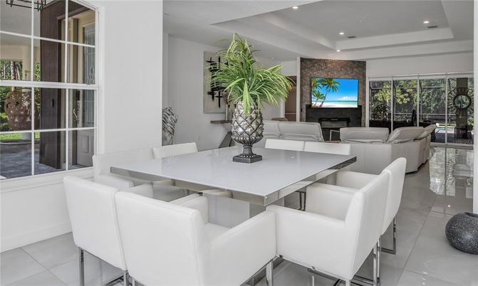 Dining room, Fireplace, Interior, Living room, Recessed Lighting