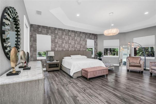 Bedroom, Interior, Pendant Lights, Recessed Lighting, Wood Texture Flooring