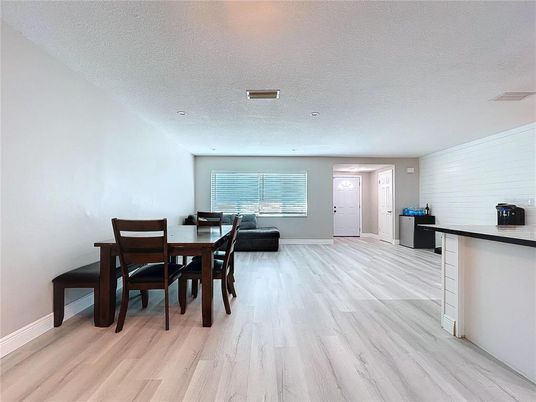 Dining room, Interior, Recessed Lighting, Wood Texture Flooring