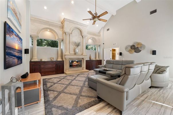 Fireplace, Interior, Living room, Recessed Lighting, Wood Texture Flooring