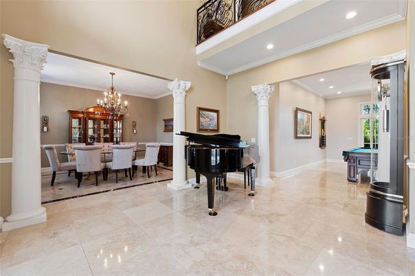 Billiard Table, Chandelier, Dining room, Game Room, Interior, Piano, Recessed Lighting
