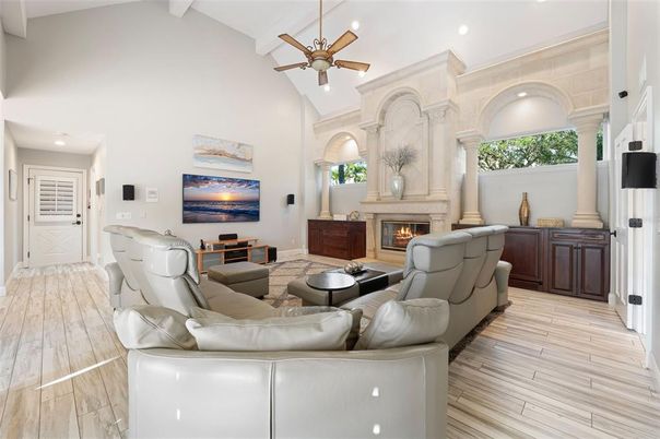 Fireplace, Interior, Living room, Recessed Lighting, Wood Texture Flooring