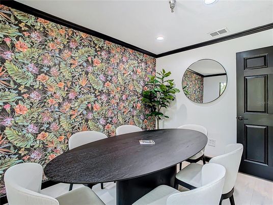 Dining room, Interior, Recessed Lighting, Wood Texture Flooring