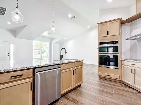 Interior, Kitchen, Pendant Lights, Recessed Lighting, Stainless Steel Appliances, Wood Texture Flooring