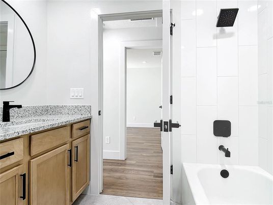 Bathroom, Interior, Recessed Lighting, Wood Texture Flooring