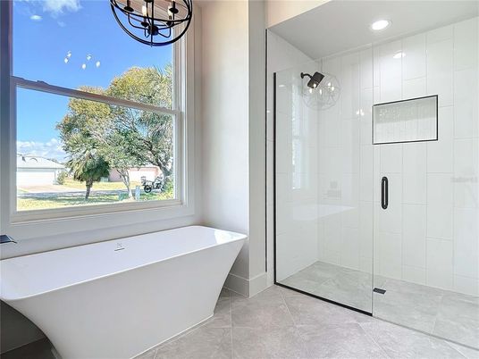 Bathroom, Free Standing Baths, Glass Shower, Interior, Recessed Lighting
