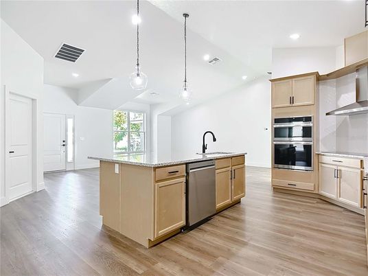 Interior, Kitchen, Pendant Lights, Recessed Lighting, Stainless Steel Appliances, Wood Texture Flooring