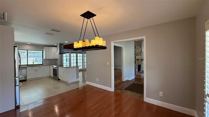 Chandelier, Interior, Kitchen, Pendant Lights, Recessed Lighting, Wood Texture Flooring