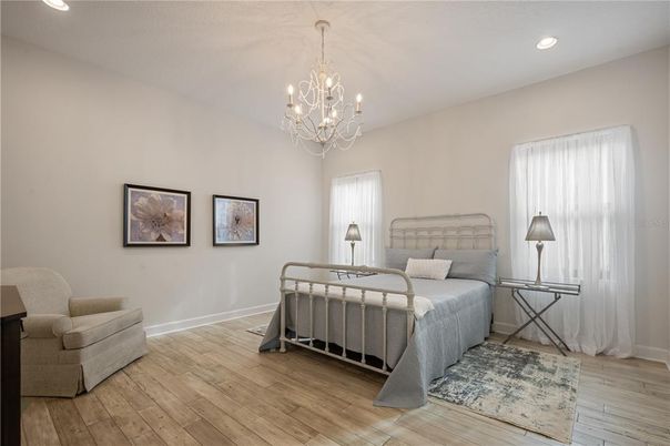 Bedroom, Chandelier, Interior, Recessed Lighting, Wood Texture Flooring