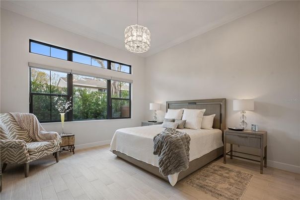 Bedroom, Interior, Pendant Lights, Wood Texture Flooring