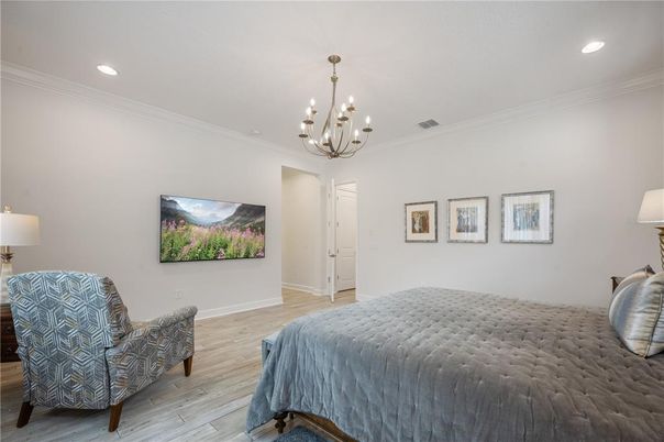 Bedroom, Chandelier, Interior, Recessed Lighting, Wood Texture Flooring
