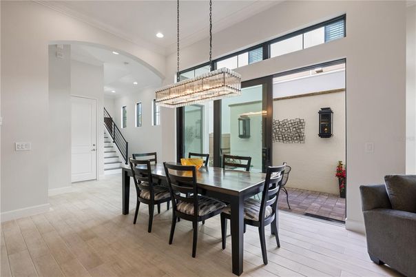 Chandelier, Dining room, Interior, Recessed Lighting, Wood Texture Flooring