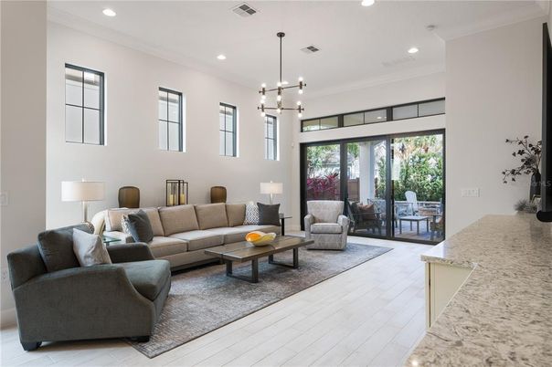 Interior, Living room, Pendant Lights, Recessed Lighting, Wood Texture Flooring
