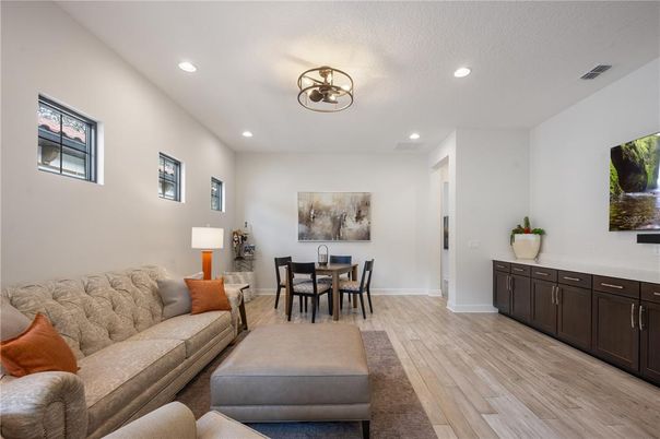 Dining room, Interior, Living room, Recessed Lighting, Wood Texture Flooring