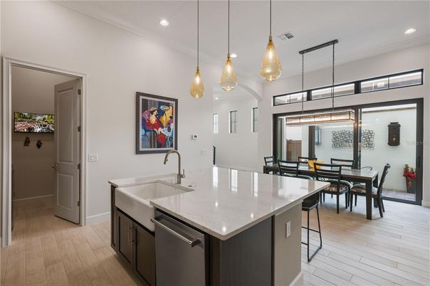 Dining room, Interior, Kitchen, Pendant Lights, Recessed Lighting, Wood Texture Flooring