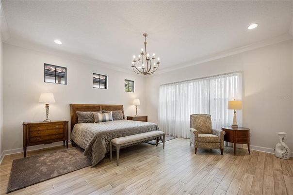 Bedroom, Chandelier, Interior, Recessed Lighting, Wood Texture Flooring