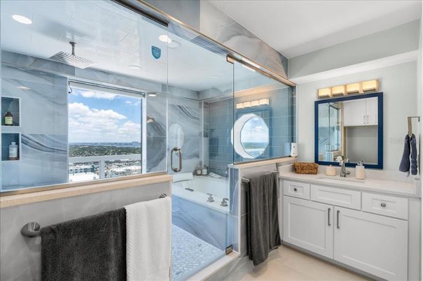 Bathroom, Glass Shower, Interior, Recessed Lighting