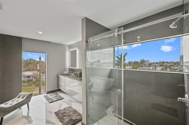 Bathroom, Glass Shower, Interior, Marble, Recessed Lighting