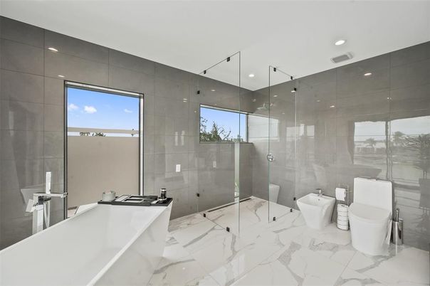 Bathroom, Glass Shower, Interior, Marble, Recessed Lighting