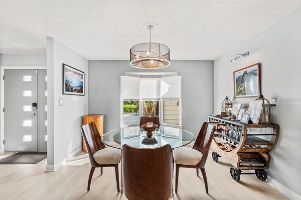 Dining room, Interior, Pendant Lights, Wood Texture Flooring