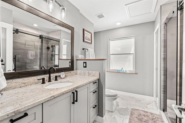 Bathroom, Dual Sink Vanities, Glass Shower, Interior, Marble, Recessed Lighting