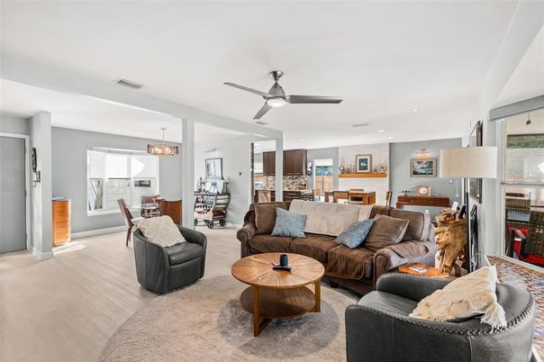 Dining room, Fireplace, Interior, Kitchen, Living room, Pendant Lights, Recessed Lighting, Wood Texture Flooring