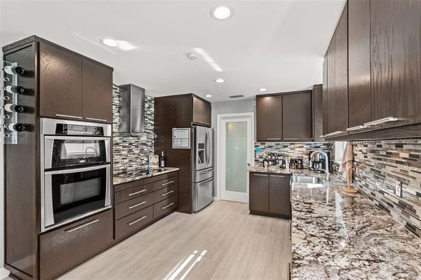 Interior, Kitchen, Recessed Lighting, Stainless Steel Appliances, Wood Texture Flooring