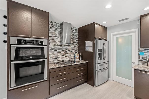 Interior, Kitchen, Recessed Lighting, Stainless Steel Appliances, Wood Texture Flooring