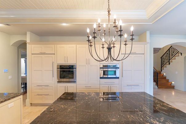 Chandelier, Interior, Kitchen, Marble, Recessed Lighting, Stainless Steel Appliances
