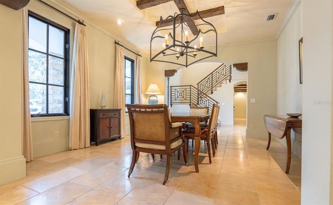 Chandelier, Dining room, Interior, Pendant Lights, Recessed Lighting, Wooden Beams