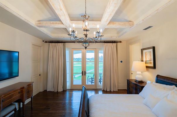 Bedroom, Chandelier, Interior, Water, Wooden Beams, Wood Texture Flooring