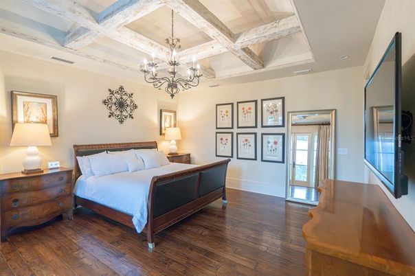 Bedroom, Chandelier, Interior, Wood Texture Flooring