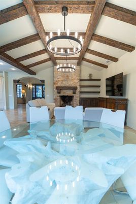 Chandelier, Dining room, Fireplace, Interior, Living room, Pendant Lights, Wooden Beams