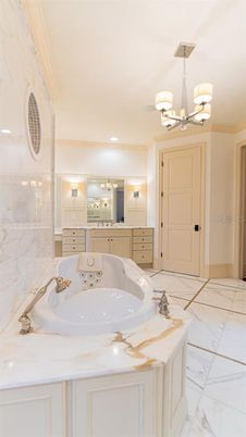 Bathroom, Chandelier, Interior, Marble, Recessed Lighting