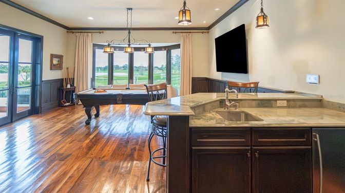 Billiard Table, Game Room, Interior, Pendant Lights, Recessed Lighting, Wood Texture Flooring