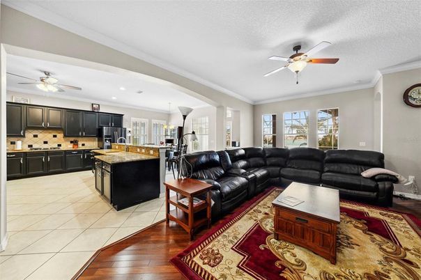 Interior, Kitchen, Living room, Pendant Lights, Recessed Lighting, Wood Texture Flooring