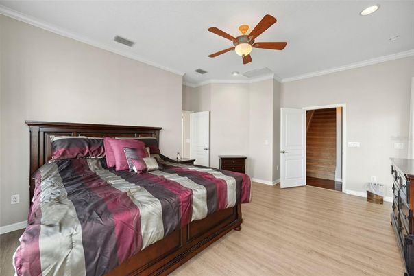Bedroom, Interior, Recessed Lighting, Wood Texture Flooring