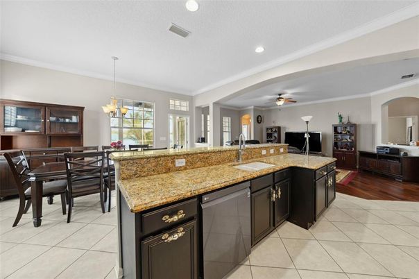 Chandelier, Dining room, Interior, Kitchen, Recessed Lighting, Wood Texture Flooring