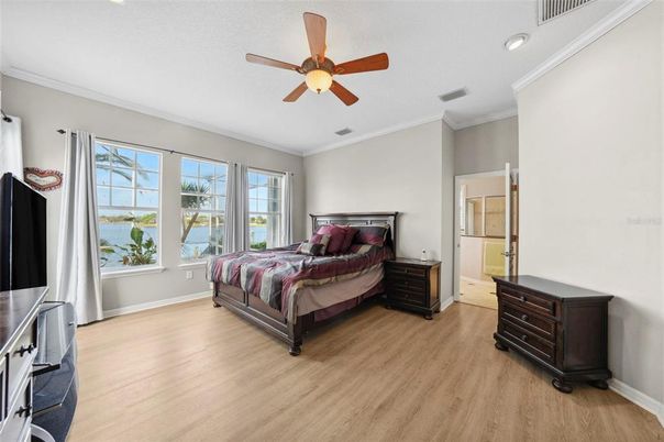 Bedroom, Interior, Recessed Lighting, Water, Wood Texture Flooring
