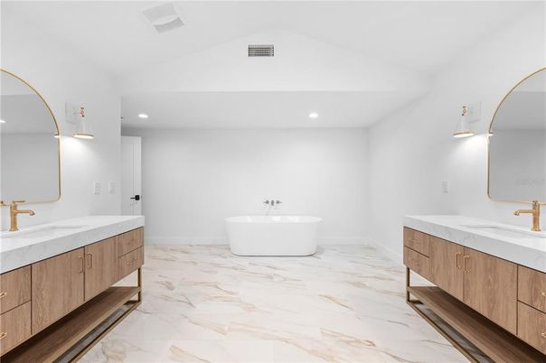Bathroom, Dual Sink Vanities, Free Standing Baths, Interior, Marble, Recessed Lighting