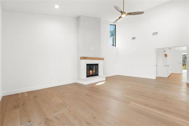 Empty room, Fireplace, Interior, Recessed Lighting, Wood Texture Flooring
